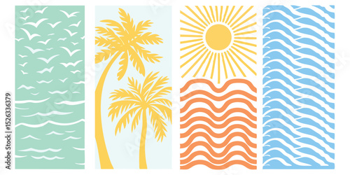 Summer coastal themed illustration set featuring sun palm trees waves and flying seagulls in a stylized design