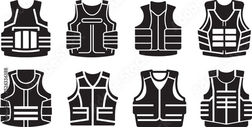 set of bullet proof vest silhouette, black and white silhouette, vector and illustration
