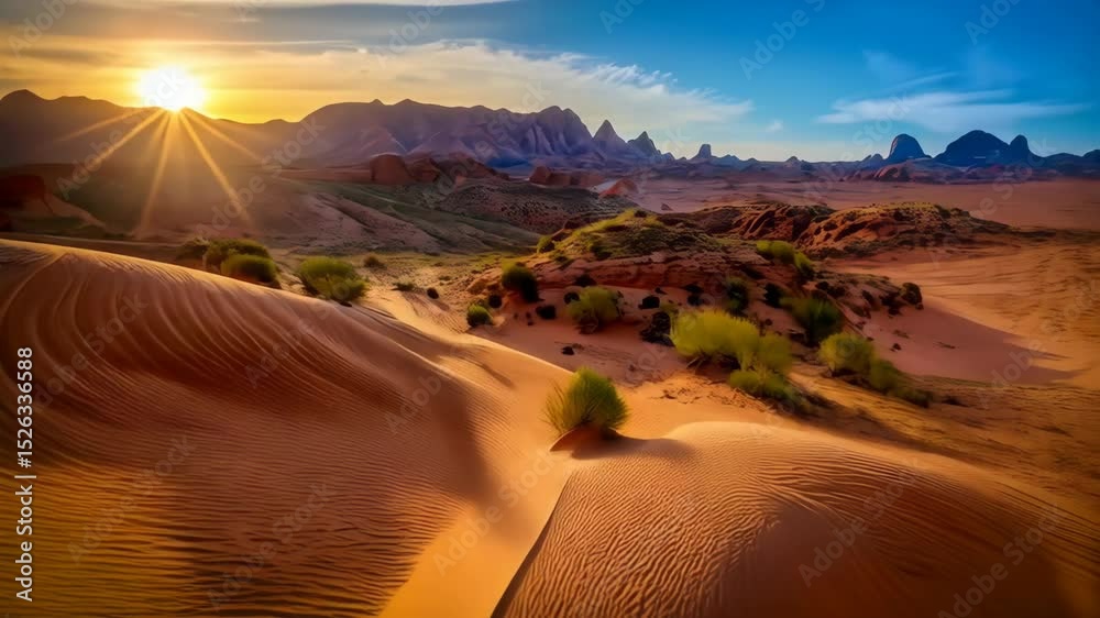 Expansive sand dune landscape under a bright desert sunrise, featuring textured sand, rock formations, sparse vegetation, and distant mountain peaks Expansive sand dune landscape under a bright desert sunrise, featuring textured sand, rock formations, sparse vegetation, and distant mountain peaks