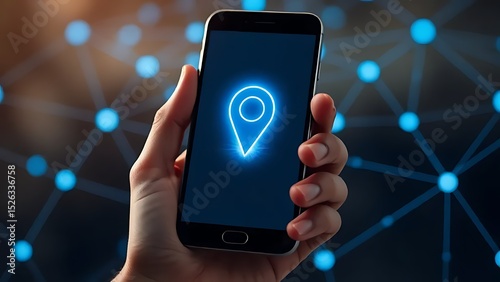 Hand Holding Smartphone with Glowing Location Pin Icon: Illustrating Mobile Tracking, GPS Navigation, and Find My Device Technology for Security and Connectivity