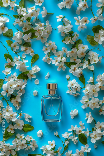 Elegant Perfume Bottle Adorned with White Blossoms A Spring Fragrance