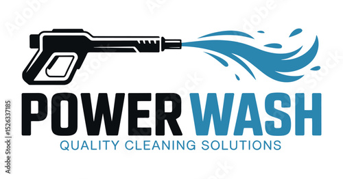 Professional Power Wash Logo Design Featuring a Pressure Washer Gun and Water Spray with the Text Quality Cleaning Solutions Below It