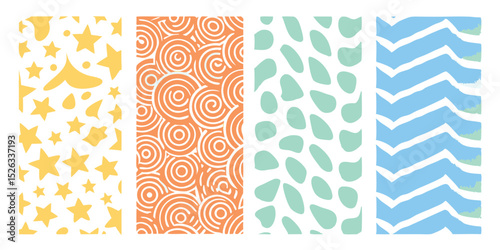 Colorful and playful seamless pattern designs in yellow orange teal and blue perfect for backgrounds and decorative elements.