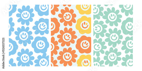 Cheerful floral pattern design featuring a repeating pattern of flowers with smiling faces on a white background