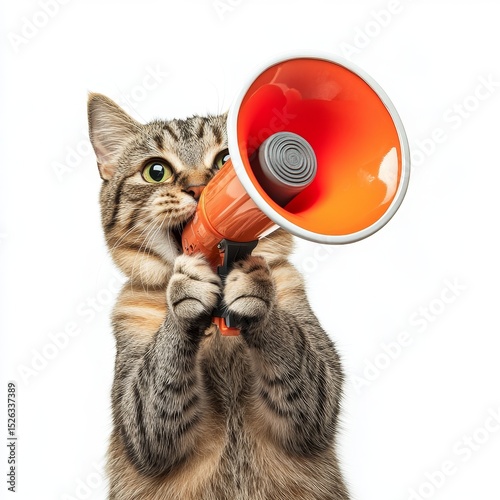 Adorable tabby cat holding a bright orange megaphone against white background
