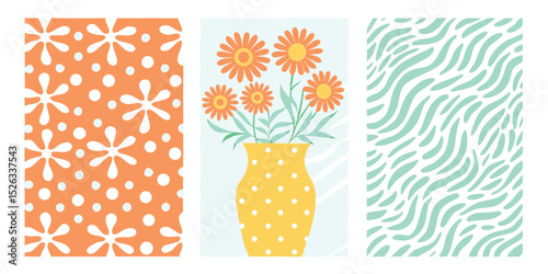 A vibrant collection of botanical illustrations showcasing various patterns including flowers in a vase and abstract designs for use in design projects.