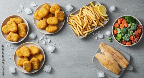 Assorted frozen foods chicken nuggets fries fish fillets and mixed vegetables on gray surface