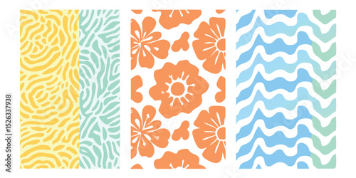 Set of three seamless vector patterns featuring abstract shapes floral designs and organic wavy lines in bright colors