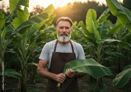 Mature Farmer Holding Banana Leaf in Lush Plantation