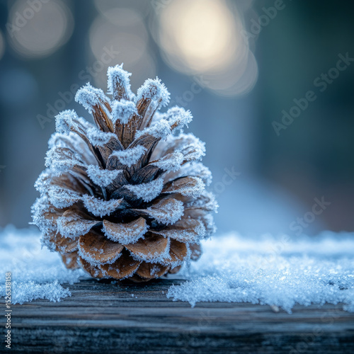 Close-up of a frosted pine cone on a wooden surface with snow.
