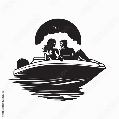 Love Couple Lying in a Boat on Lake Silhouette vector on white background.