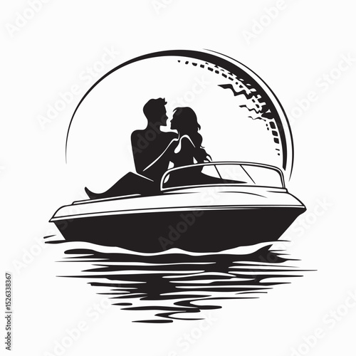 Romantic Couple in Love on a Boat Date silhouette vector on white background.