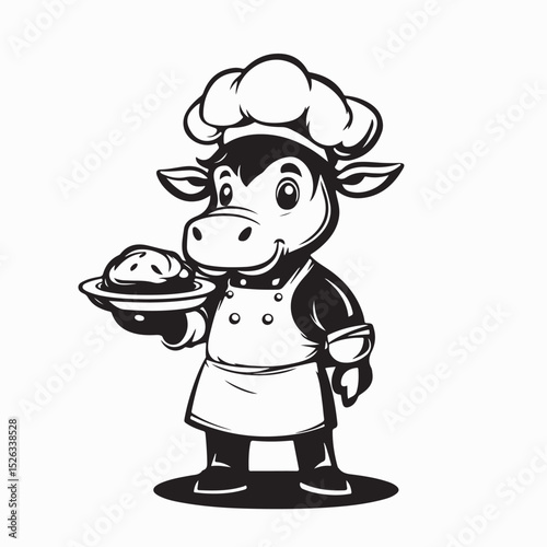Cute Cow Chef Serving Food Image Vector isolated on white background