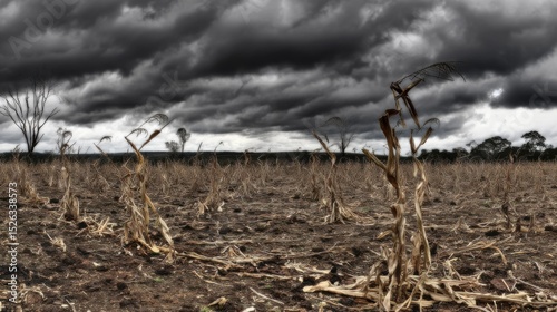 Desolate barren field under a menacing sky filled with dark heavy storm clouds, dry compacted soil in shades of brown and black, scattered withered dead cornstalks with yellow-brown husks and broken l
