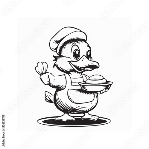 Cute Duck chef holding food Image Vector Isolated on white Background.