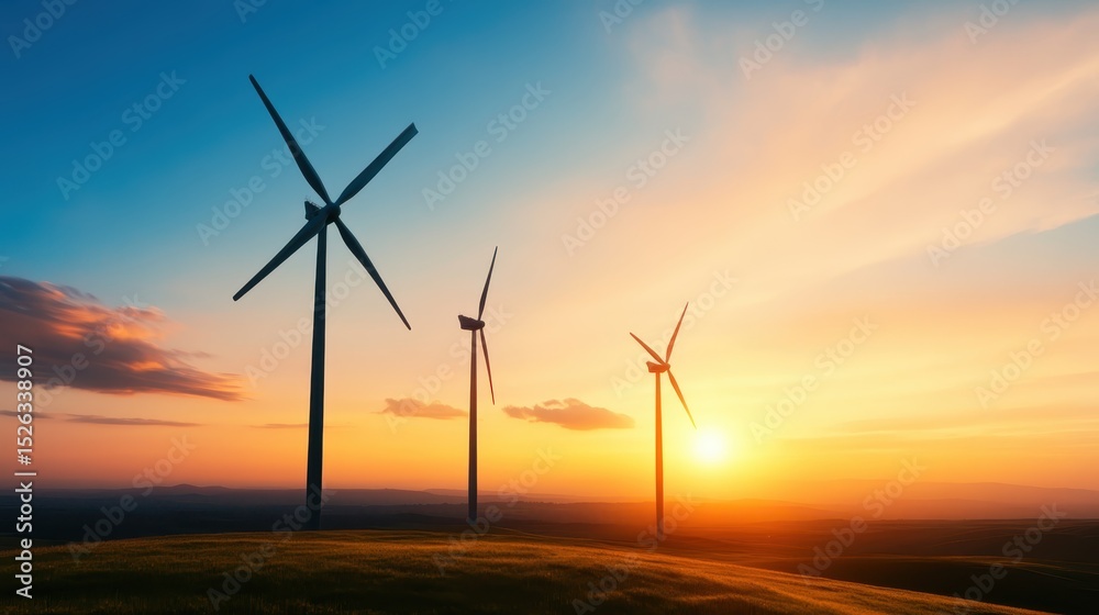 Obraz premium Three tall wind turbines silhouette against a breathtaking sunset, symbolizing sustainable energy and the beauty of nature's power, creating a harmonious balance in the landscape.
