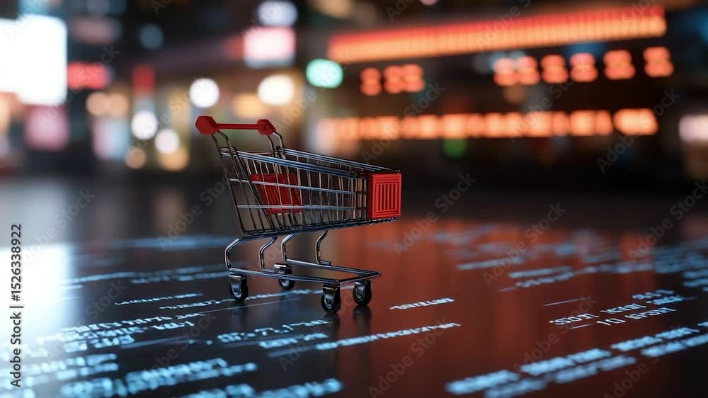 Miniature shopping cart on reflective surface with digital pattern for retail business concept
