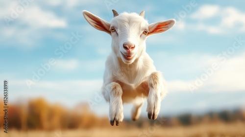 A joyful goat leaps through a sunny field, exuding a sense of playfulness and freedom, perfectly capturing the spirit of nature and carefree moments in life.