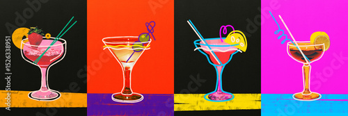 Panel kuchenny z motywem Abstract art design. Collage. Four vibrant cocktails with garnishes and straws against black and vibrant colored backgrounds in columns. Concept of pop drink art, party, celebration. .