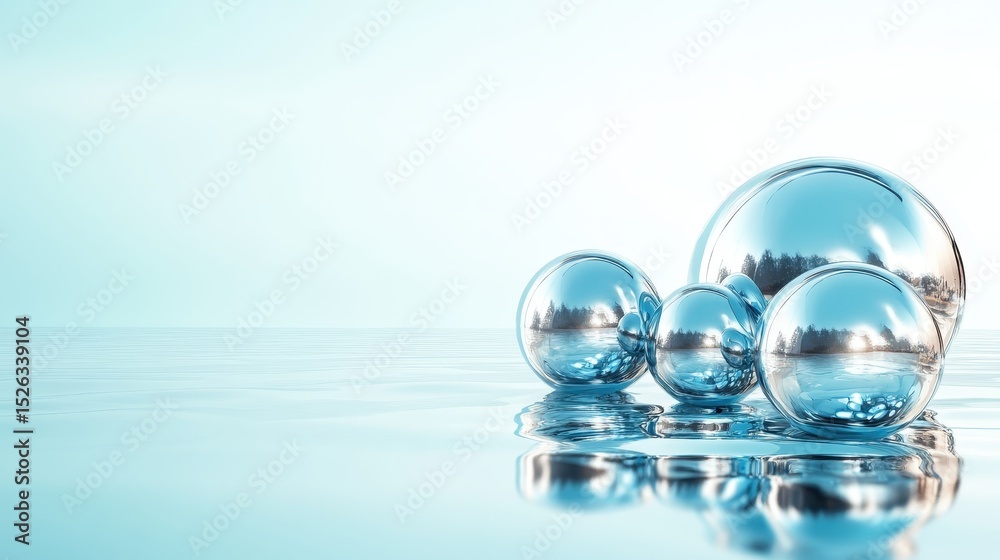 Multiple reflective blue spheres rest on a calm water surface, creating a harmonious balance of shape and color while capturing light and reflections that enhance visual appeal. Multiple reflective blue spheres rest on a calm water surface, creating a harmonious balance of shape and color while capturing light and reflections that enhance visual appeal.