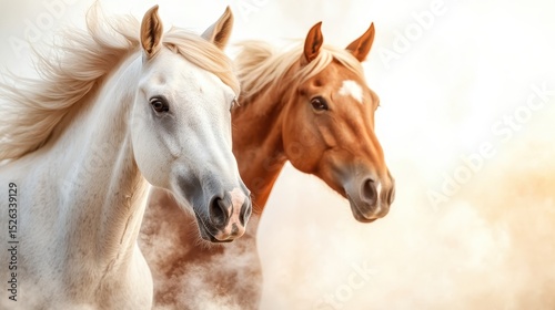 Two majestic horses stand close together, exuding grace and strength, bathed in a soft, dreamy light that enhances their beauty and evokes a sense of freedom.