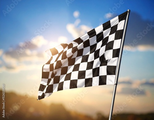 checkered flag on blue sky background