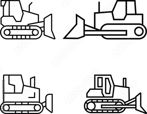 Minimalist Bulldozer Icon Set Featuring Four Stylized Industrial Designs