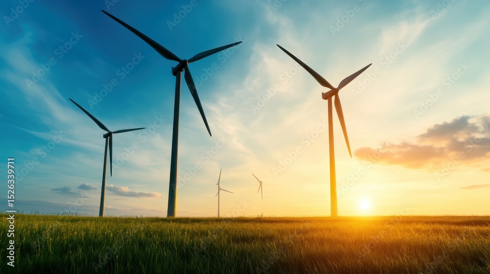 Fototapeta premium Wind turbines stand tall against a breathtaking sunset, symbolizing renewable energy and sustainability, beautifully capturing the harmony between technology and nature.