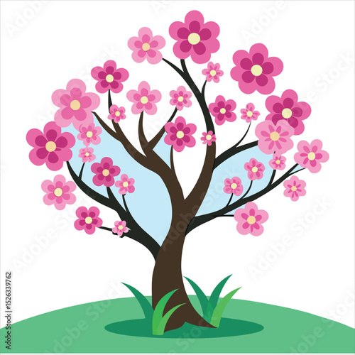 A vibrant vector illustration of a spring tree with delicate pink blossoms and lush green leaves, perfect for nature-inspired designs