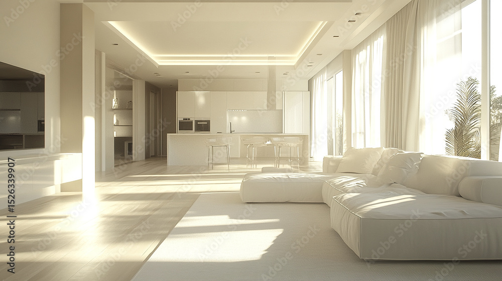 Fototapeta premium bright, modern minimalist home interior featuring spacious living area with large windows