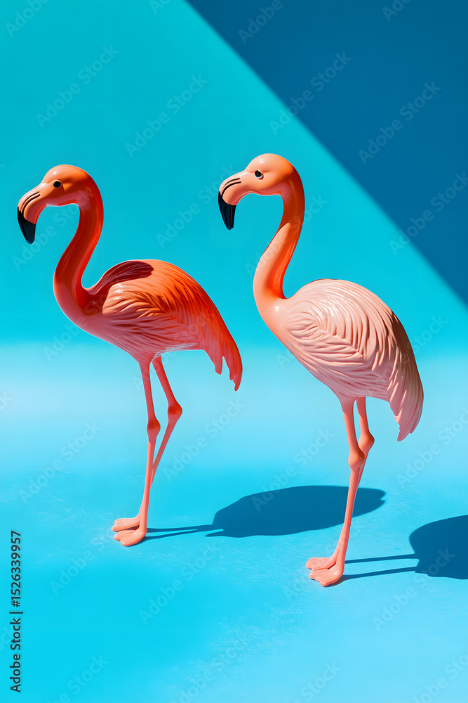 Obraz premium Two flamingo toys one standing and another running on nice sunny day with sunny shadows. Bright optimistic orange bottom and marina blue and light sky blue background. Creative copy space.