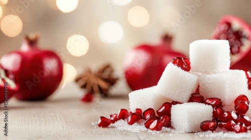 A captivating composition of pomegranate seeds strategically placed near sugar cubes, highlighting the sweet and tart flavors, which creates an attractive culinary scene. photo