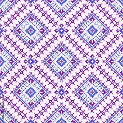  Geometric pixel art pattern. Abstract pixel art geometric pattern design for fabric, carpet, tile, clothing, embroidery, needlepoint and background. Vector pixel art seamless motif Native American.  