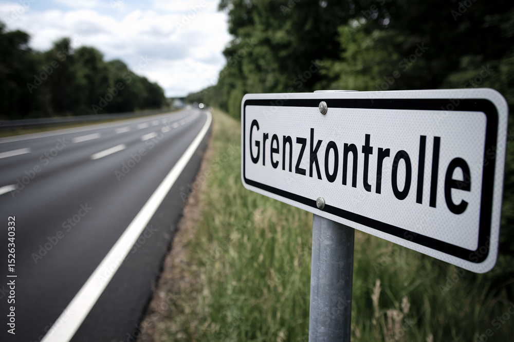Close up of road sign saying 'Grenzkontrolle' (border control) on side of street Close up of road sign saying 'Grenzkontrolle' (border control) on side of street