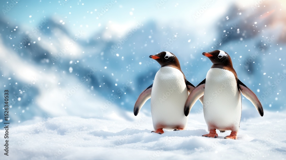 Obraz premium A heartwarming scene of two penguins standing on a snowy landscape, illustrating their bond against a backdrop of icy mountains and falling snowflakes, celebrating companionship.