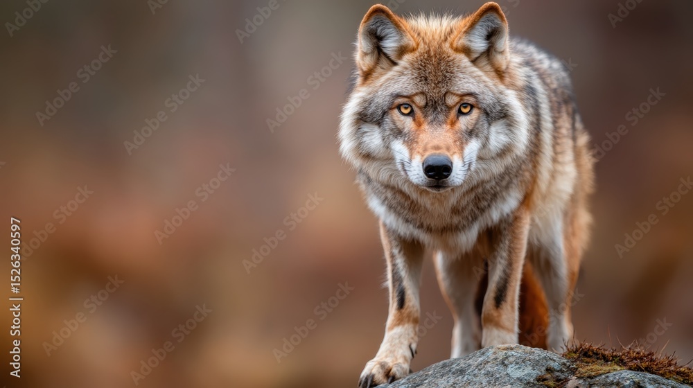 A striking wolf stands atop a rock, its fierce gaze directed forward, embodying strength and wild beauty amid the softly blurred backdrop of autumn hues and nature's tranquility. A striking wolf stands atop a rock, its fierce gaze directed forward, embodying strength and wild beauty amid the softly blurred backdrop of autumn hues and nature's tranquility.