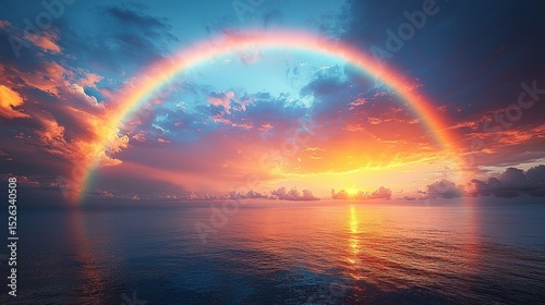 Vivid rainbow arching over calm ocean at sunset with dramatic clouds and warm sunlight reflections Generative AI
