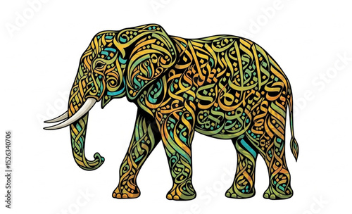 Elephant with Arabic Calligraphy Art Design | Intricate Patterned Animal Illustration for Islamic Art, Cultural Design Projects, and Decoration