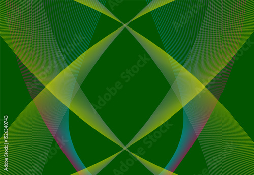 Symmetrical curved lines in yellow, blue and red on a green background, creating a dynamic and harmonious visual effect