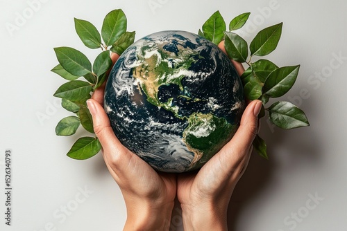 Hands holding Earth with green leaves symbolizing environmental protection, sustainability, and nature conservation Generative AI