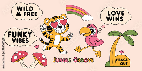 Whimsical jungle groove illustration featuring playful tiger flamingo mushrooms rainbow and positive sayings for fun designs