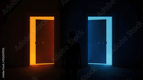 Person standing in front of two doors, choosing blue or red