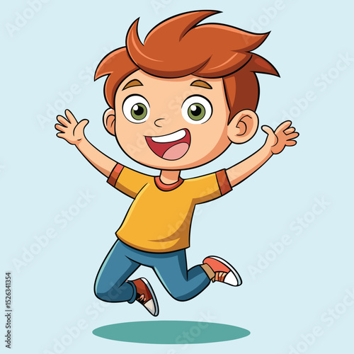 Happy cartoon boy character jumping in the air with a smiling face, a fun vector illustration of a child enjoying sport