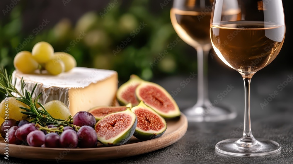 A sophisticated cheese board featuring assorted cheeses, figs, grapes, and wine glasses, creating a luxurious and inviting atmosphere for a delightful dining experience. A sophisticated cheese board featuring assorted cheeses, figs, grapes, and wine glasses, creating a luxurious and inviting atmosphere for a delightful dining experience.