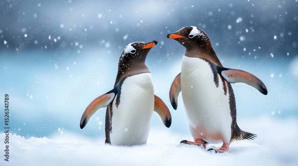 Fototapeta premium A pair of charming Gentoo penguins interact joyfully in a snow-covered landscape, symbolizing affection and playfulness within their icy habitat.