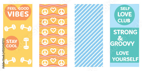 Four vibrant designs showcasing positive affirmations and fitness elements in a retro inspired artistic vector composition.