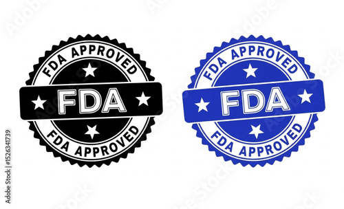 FDA Approved Stamp Badges in Black and Blue | Pharmaceutical and Medical Product Certification for Marketing and Compliance