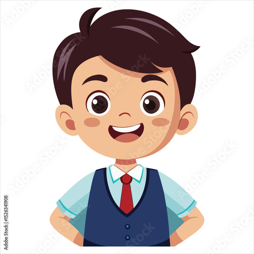 Cartoon vector illustration of a smiling young boy in a business suit and tie standing as a confident office worker