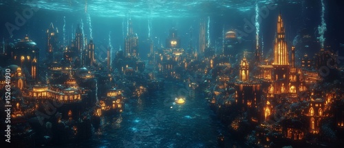 bustling underwater city where bioluminescent creatures light the streets and coral skyscrapers rise from the seabed, Generative AI