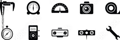 Engineering and measuring tools vector icons, caliper, gauge, meter, wrench, tape, camera, stopwatch, technical design, instrument symbols